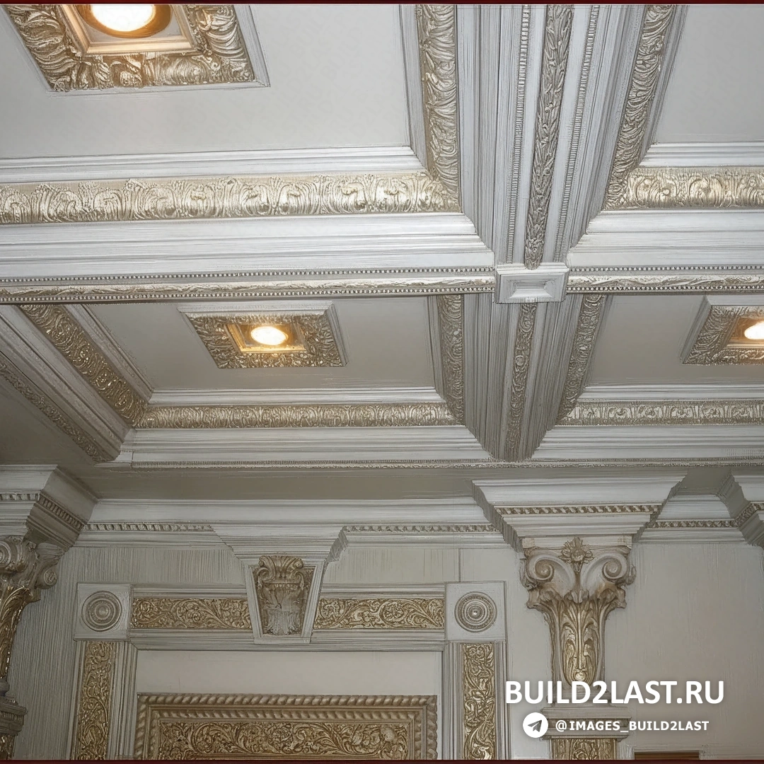 Белые кессонные потолки с досками и резным декором в интерьере