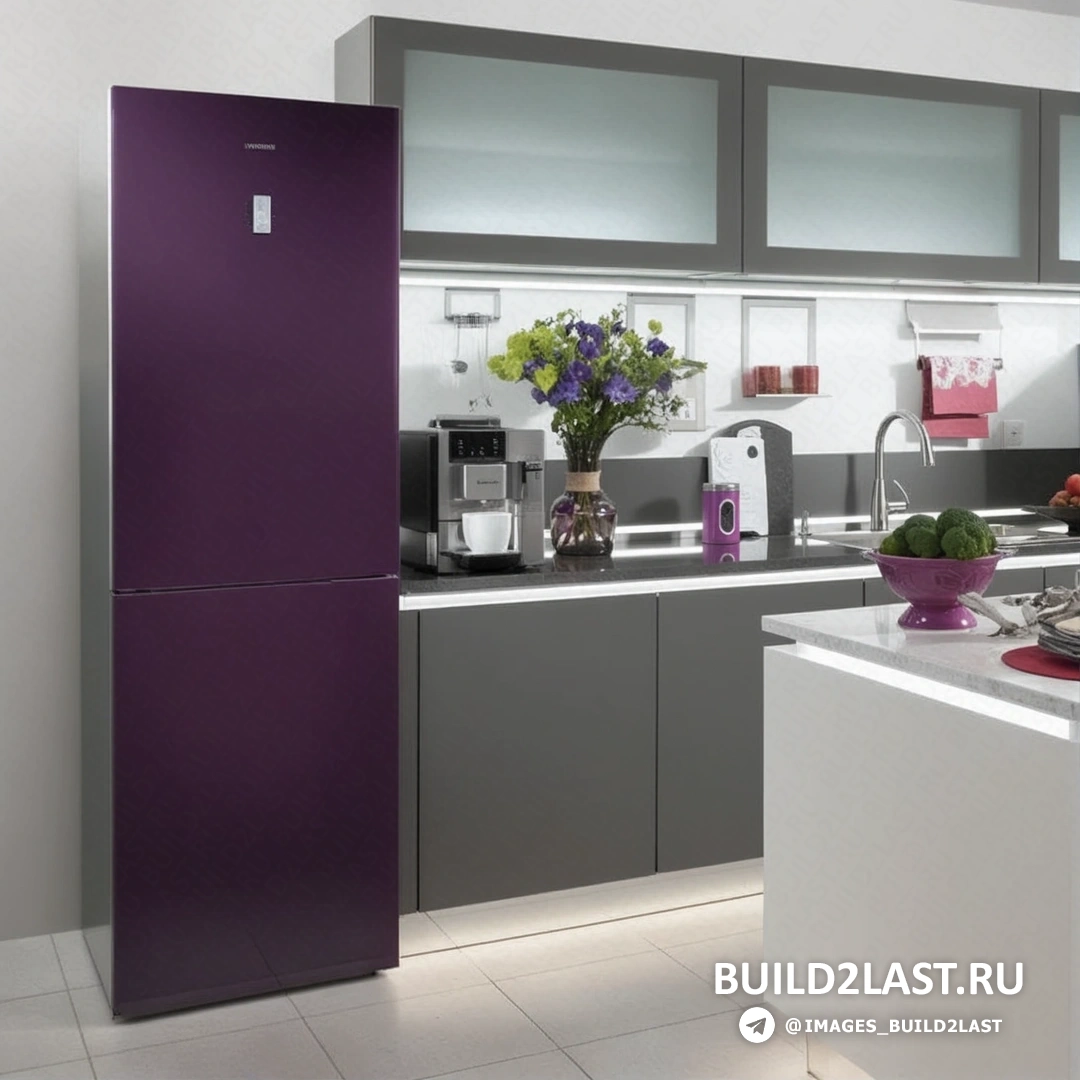 Холодильник в красном и черном цветах в интерьере кухни в стиле лофт с кирпичными стенами и декоративными подушками