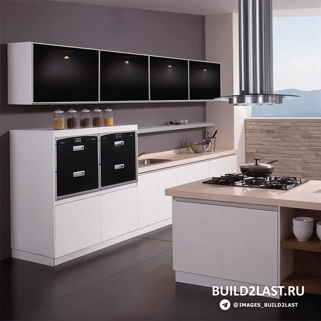 Современная кухня с черным, красным и белым оформлением, кухонным островом и стульями.