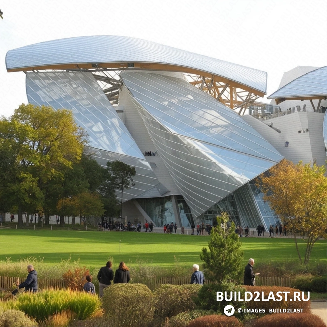 Вид на здание музея Louis Vuitton Foundation в Париже, выполненное по проекту Френка Гери. Стеклянные и металлические элементы создают эффект парящего здания.